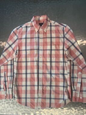 J. Crew Pink, Blue & White Plaid Long-Sleeve Button-Down Shirt SMALL